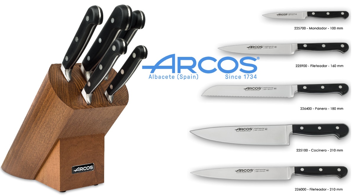 Juego de cuchillos Arcos Ópera + taco barato, cuchillos de marca baratos, ofertas en hogar y cocina, chollo
