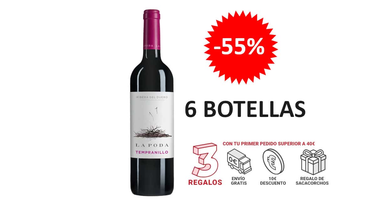 ¡¡Chollo!! 6 botellas de vino La Poda Tempranillo 2020, D.O. Ribera del Duero, sólo 36 euros. 55% de descuento.