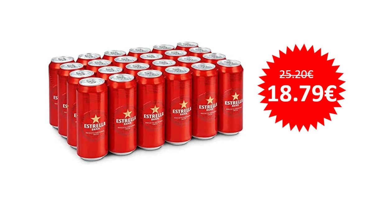 ¡¡Chollo!! Caja de 24 latas de 50cl de cerveza Estrella Damm sólo 18.79 euros.