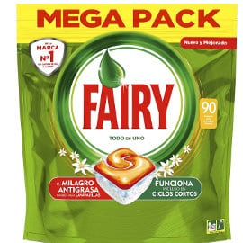 Pastillas de lavavajillas Fairy Todo En Uno Naranja baratas, detergente lavavajillas de marca barato, ofertas en supermercado